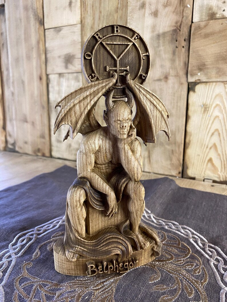 Belphegor Wooden Statue with Sigil – Ars Goetia Demon Figurine, Occult Altar Decor