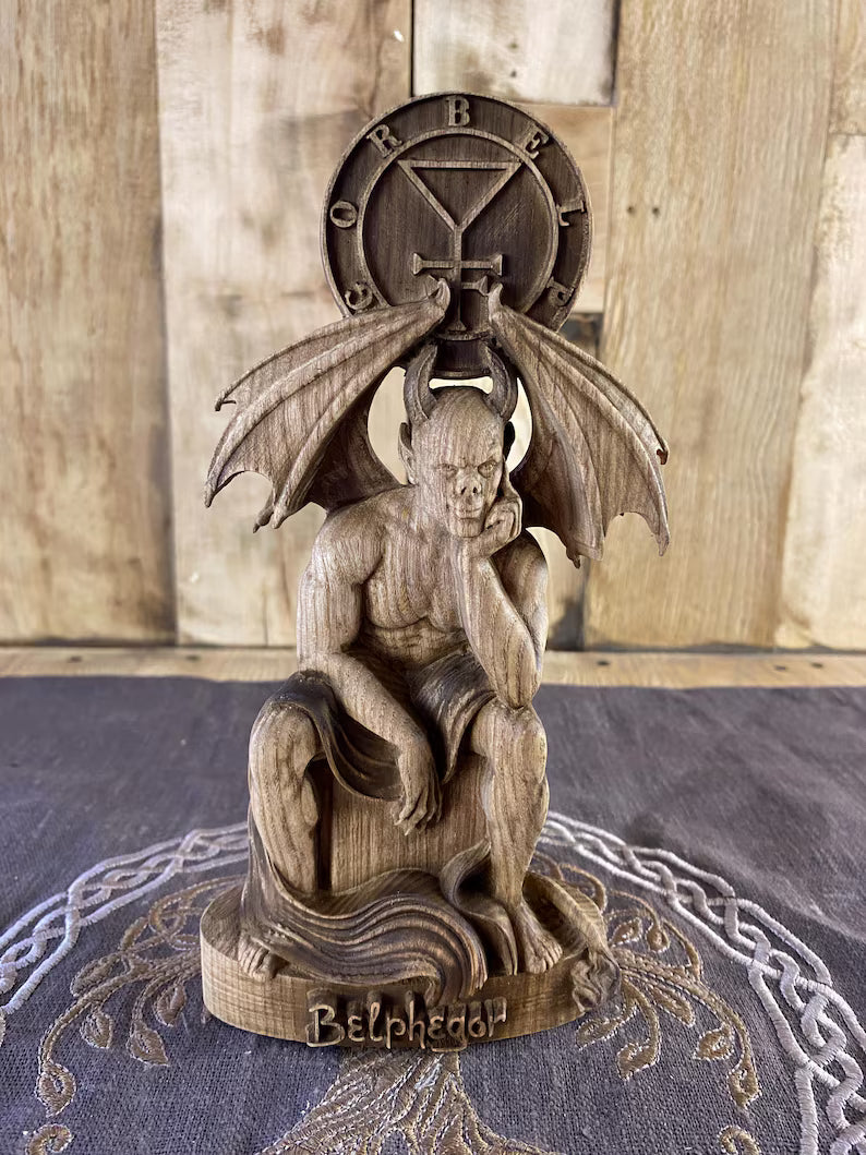 Belphegor Wooden Statue with Sigil – Ars Goetia Demon Figurine, Occult Altar Decor