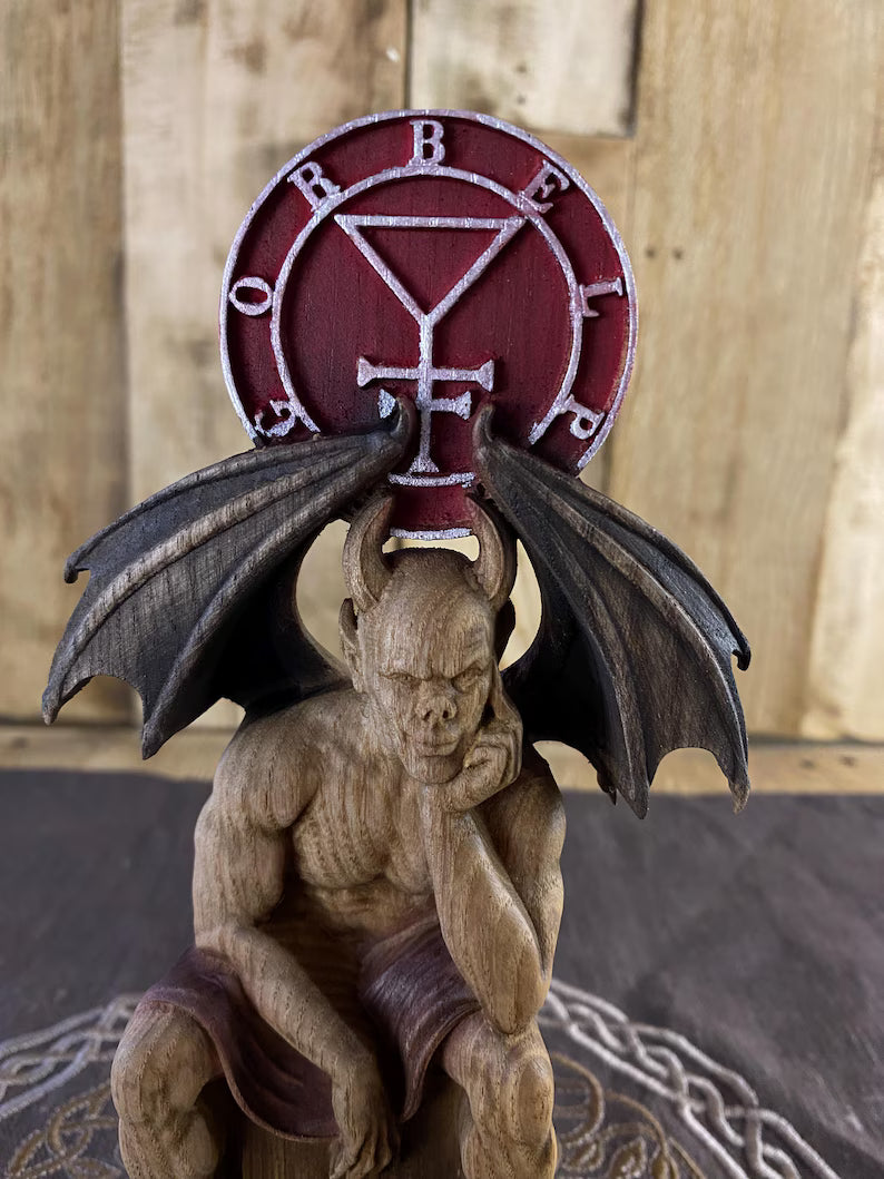 Belphegor Wooden Statue with Sigil – Ars Goetia Demon Figurine, Occult Altar Decor