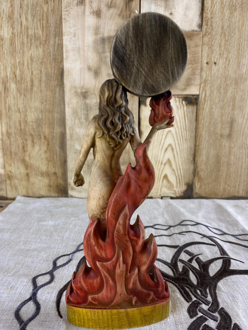 Wooden Flauros Statue with Sigil – Goetia Demon Altar Decor – Ars Goetia Spirit Sculpture