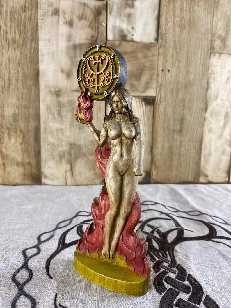 Wooden Flauros Statue with Sigil – Goetia Demon Altar Decor – Ars Goetia Spirit Sculpture