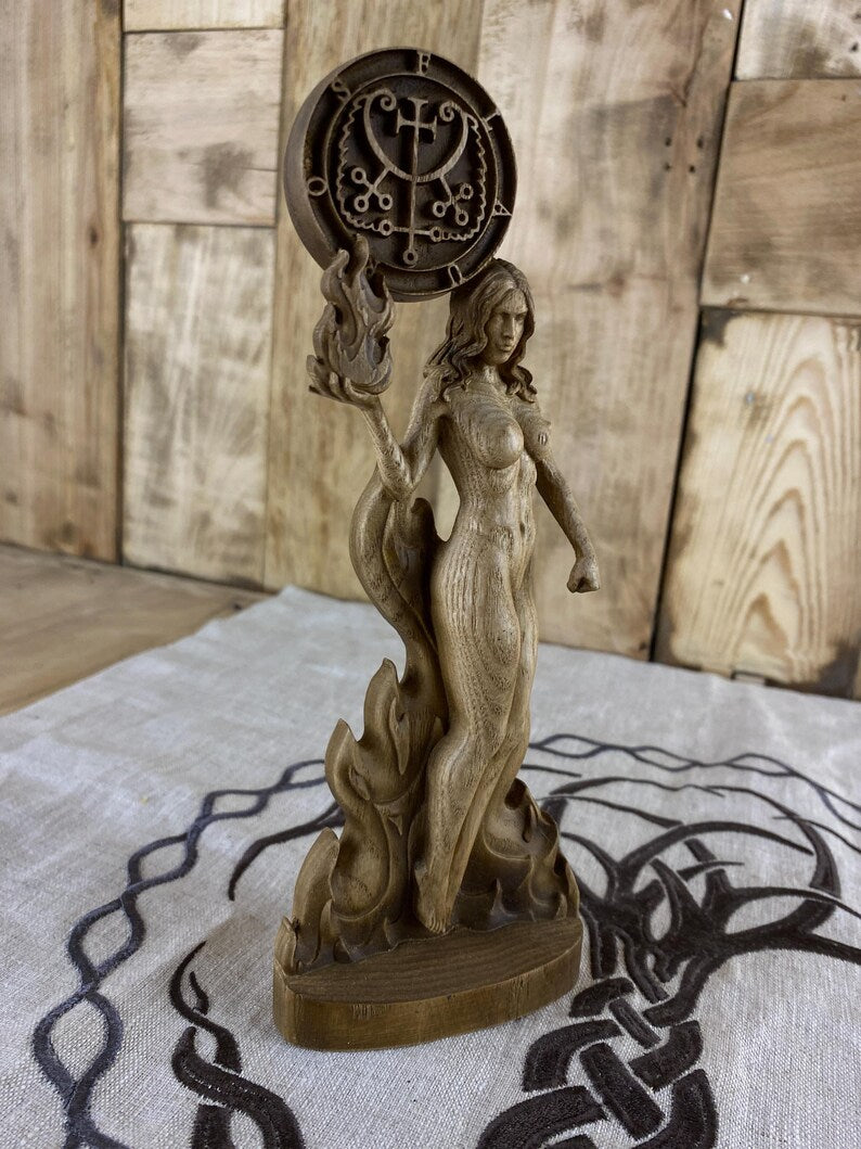 Wooden Flauros Statue with Sigil – Goetia Demon Altar Decor – Ars Goetia Spirit Sculpture