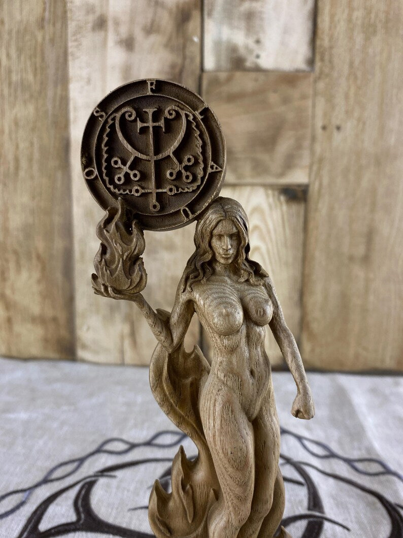 Wooden Flauros Statue with Sigil – Goetia Demon Altar Decor – Ars Goetia Spirit Sculpture
