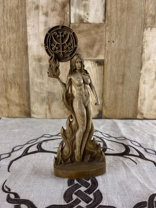 Wooden Flauros Statue with Sigil – Goetia Demon Altar Decor – Ars Goetia Spirit Sculpture