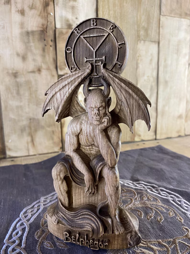 Belphegor Wooden Statue with Sigil – Ars Goetia Demon Figurine, Occult Altar Decor