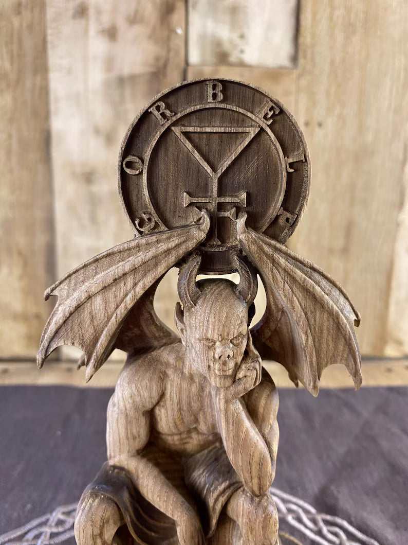 Belphegor Wooden Statue with Sigil – Ars Goetia Demon Figurine, Occult Altar Decor