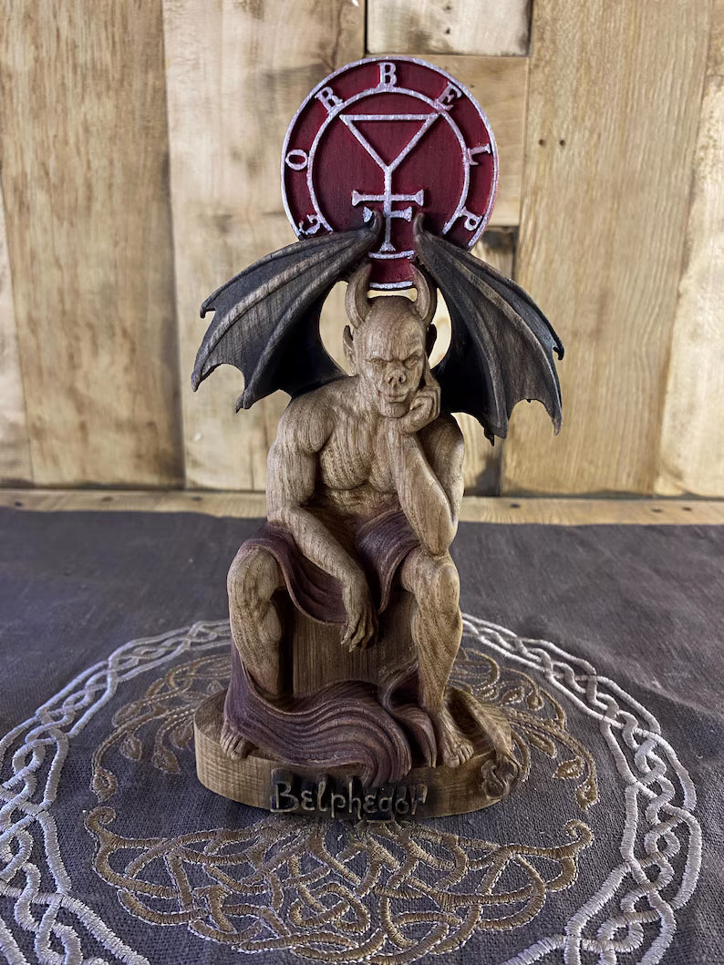 Belphegor Wooden Statue with Sigil – Ars Goetia Demon Figurine, Occult Altar Decor