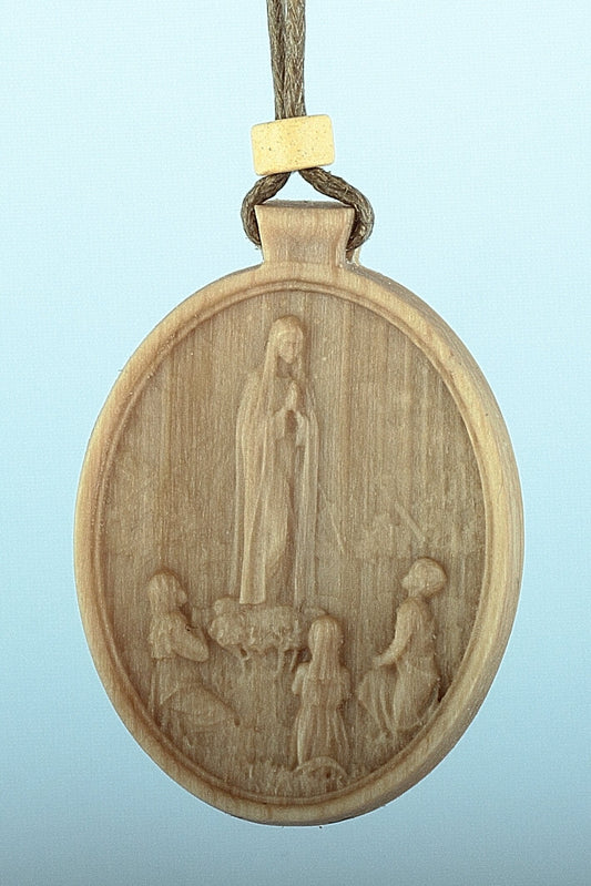Exquisite Our Lady of Fatima Medallion Wood Necklace
