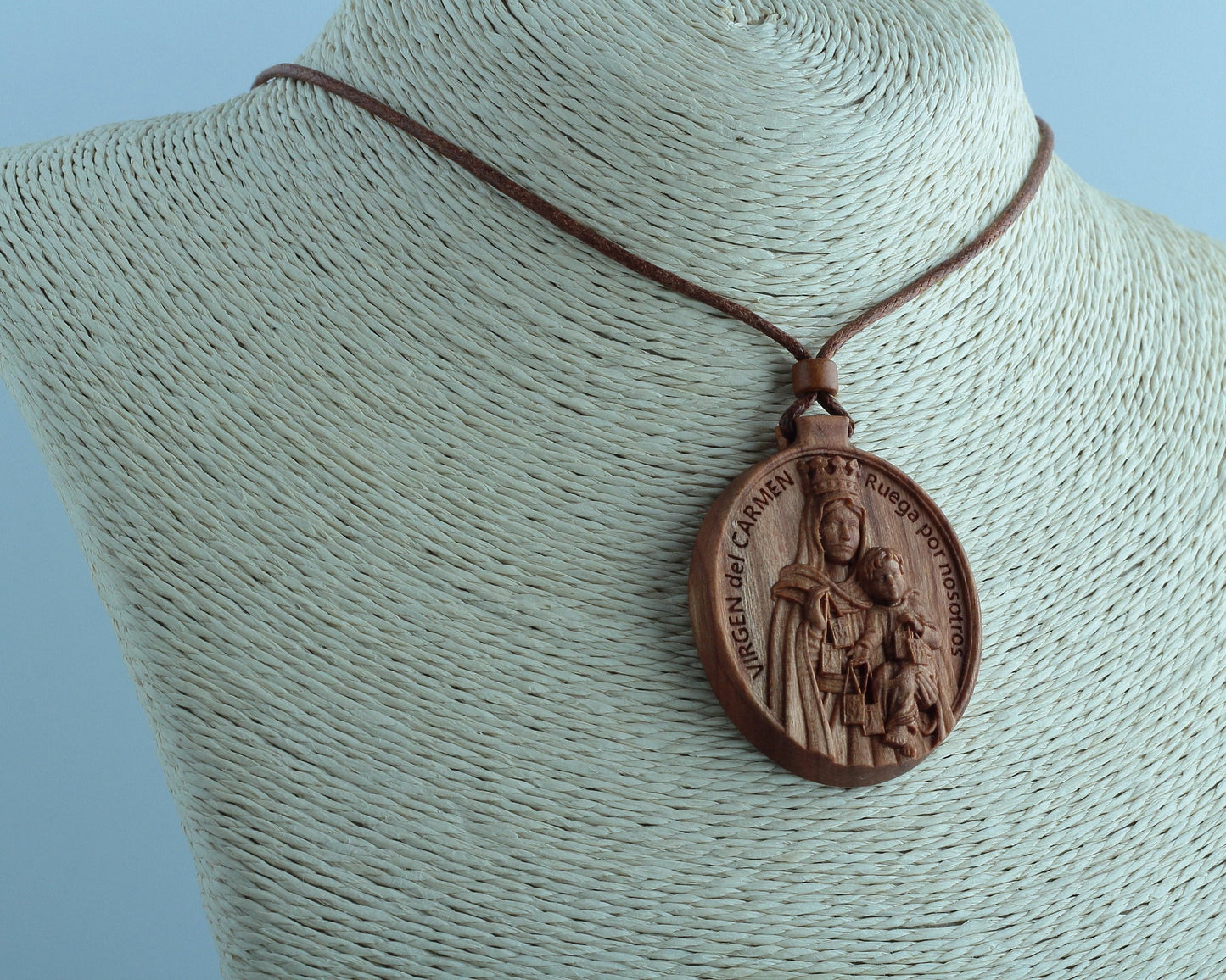 Divine Grace and Protection: Our Lady of Mount Carmel Wood Necklace