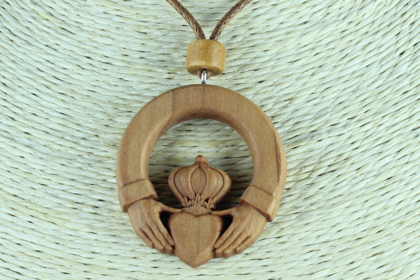 Handcrafted Pear Wood Claddagh Necklace - Celtic Pendant, Made In Ireland