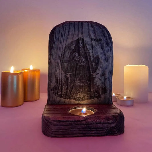 Brigid Brigid altar Imbolc altar Goddess brigid Goddess altar Celtic goddess St brigid cross Wooden candle holder Wood carving Pagan altar