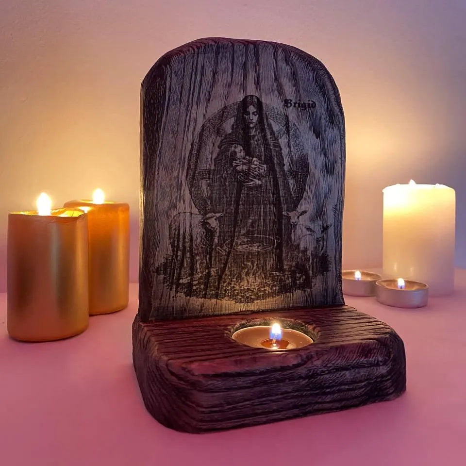 Brigid Brigid altar Imbolc altar Goddess brigid Goddess altar Celtic goddess St brigid cross Wooden candle holder Wood carving Pagan altar