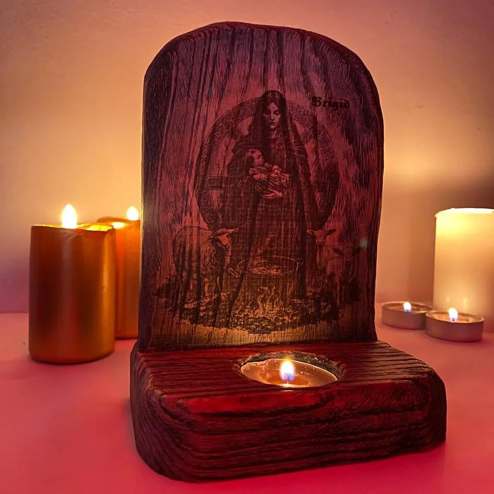 Brigid Brigid altar Imbolc altar Goddess brigid Goddess altar Celtic goddess St brigid cross Wooden candle holder Wood carving Pagan altar