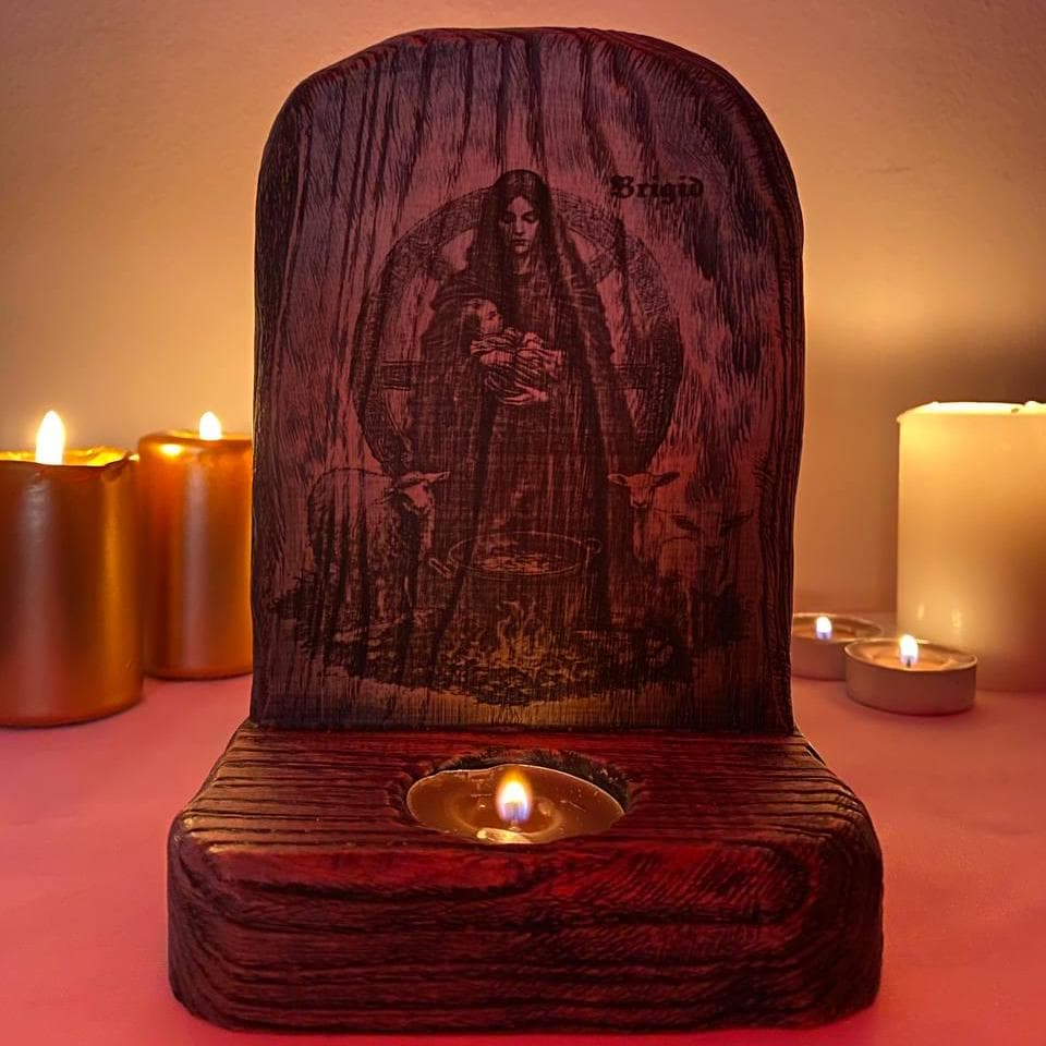 Brigid Brigid altar Imbolc altar Goddess brigid Goddess altar Celtic goddess St brigid cross Wooden candle holder Wood carving Pagan altar