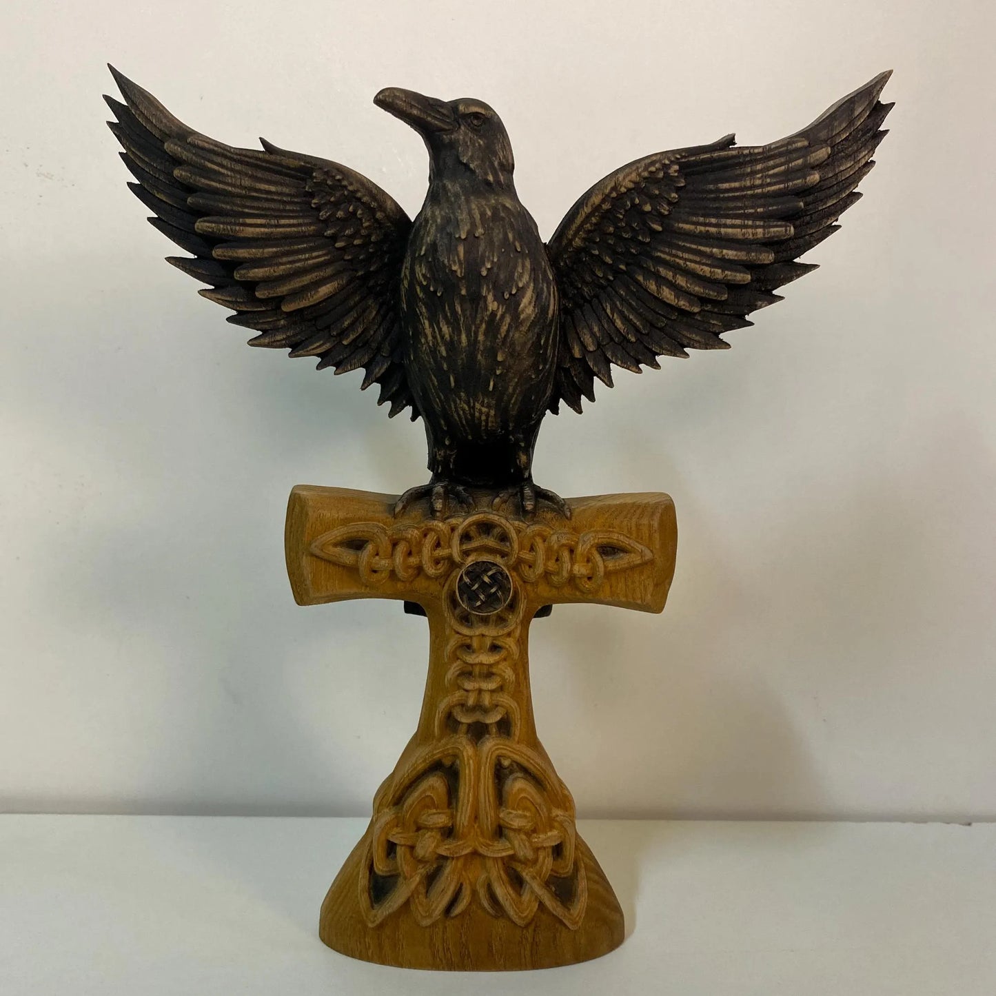 Raven statue Crow statue Viking raven Celtic raven Norse mythology Odin raven Raven cross Raven decor Celtic carving Celtic wood carving