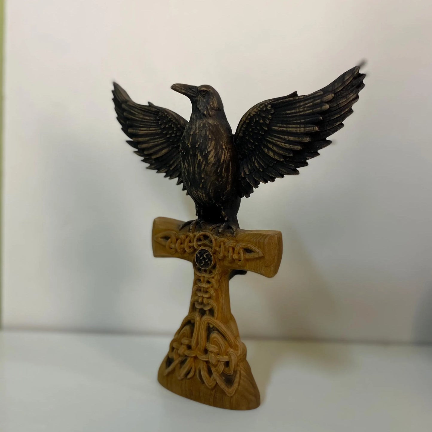 Raven statue Crow statue Viking raven Celtic raven Norse mythology Odin raven Raven cross Raven decor Celtic carving Celtic wood carving