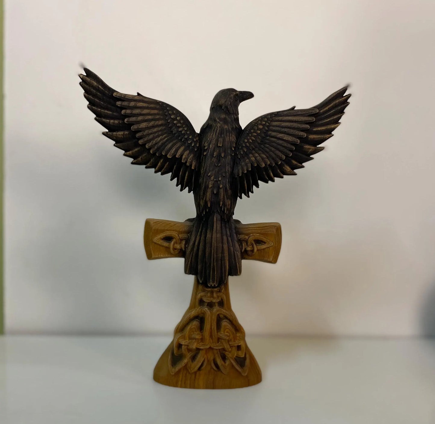 Raven statue Crow statue Viking raven Celtic raven Norse mythology Odin raven Raven cross Raven decor Celtic carving Celtic wood carving