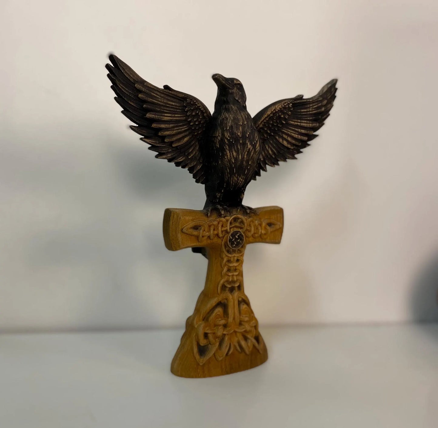 Raven statue Crow statue Viking raven Celtic raven Norse mythology Odin raven Raven cross Raven decor Celtic carving Celtic wood carving