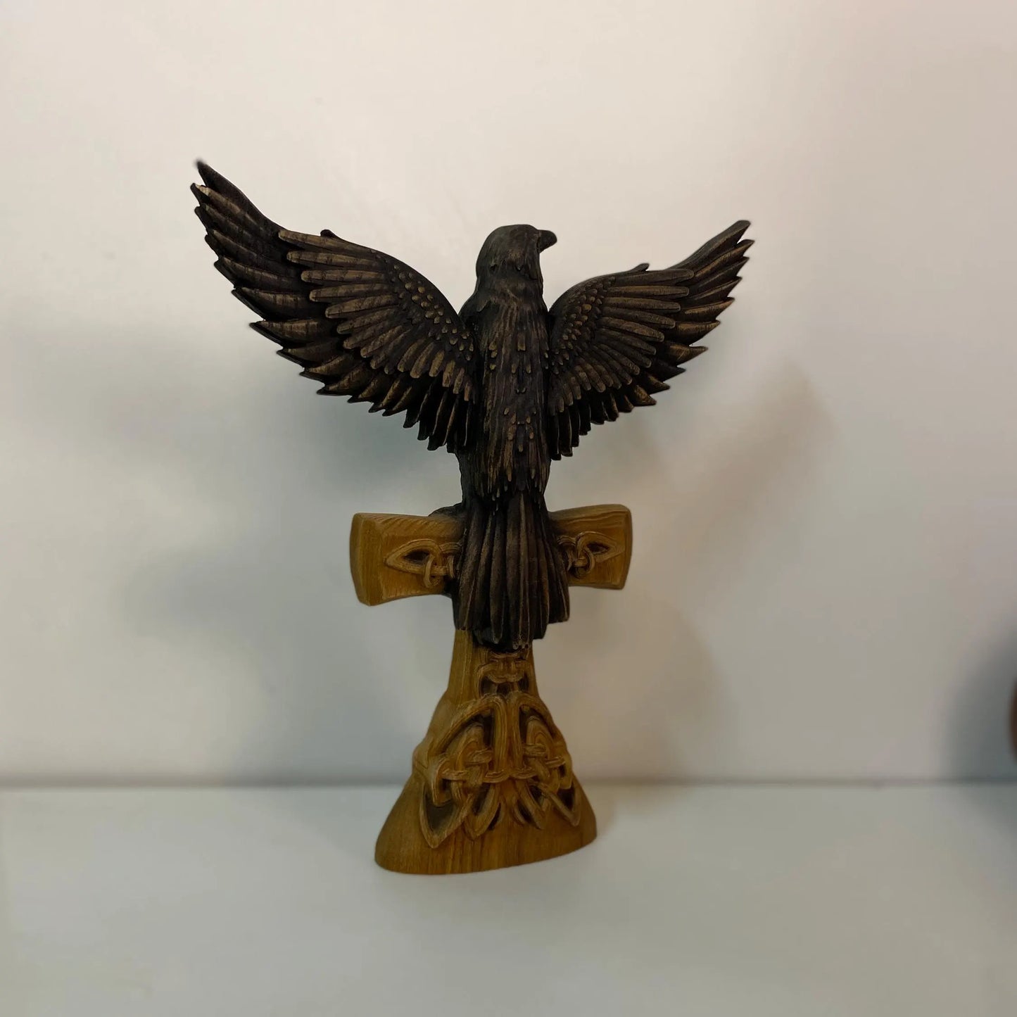 Raven statue Crow statue Viking raven Celtic raven Norse mythology Odin raven Raven cross Raven decor Celtic carving Celtic wood carving