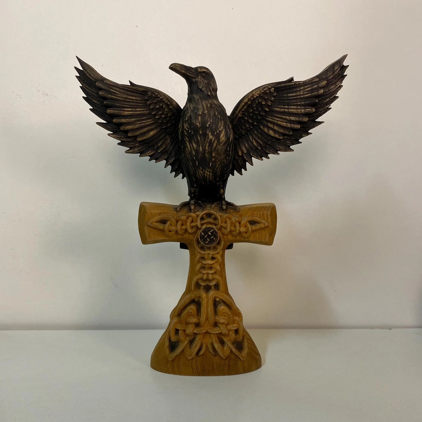 Raven statue Crow statue Viking raven Celtic raven Norse mythology Odin raven Raven cross Raven decor Celtic carving Celtic wood carving