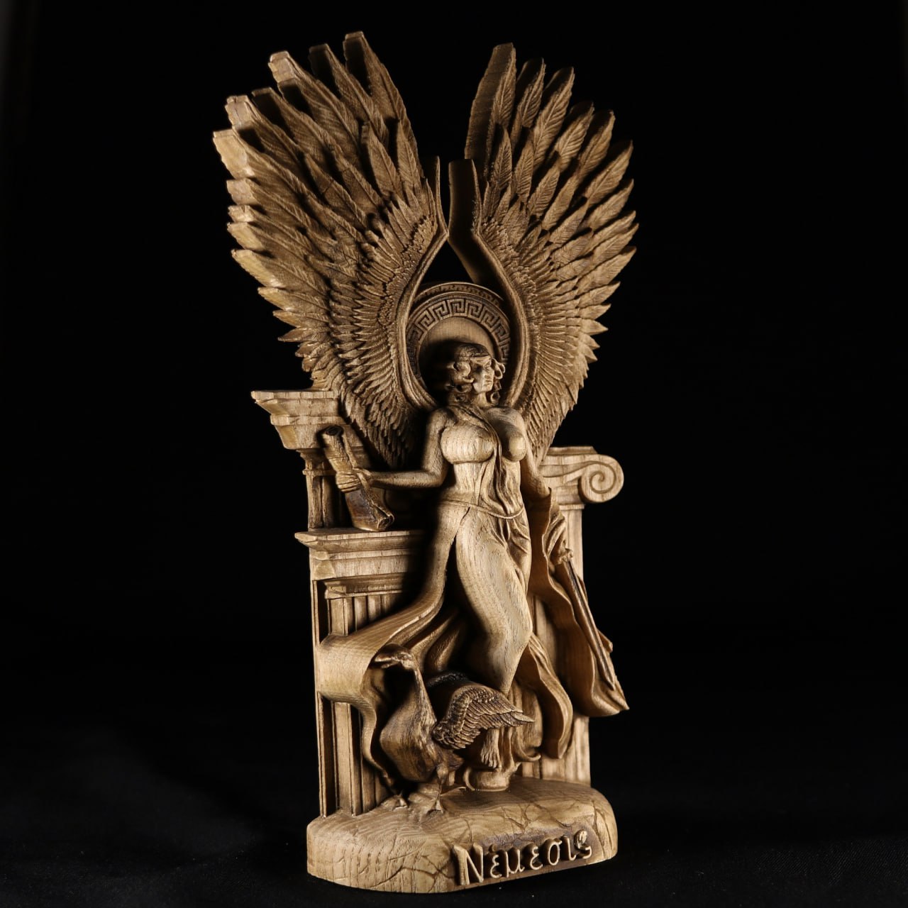 Nemesis: Handmade Wooden Statue Carving of the Greek Goddess of Vengeance