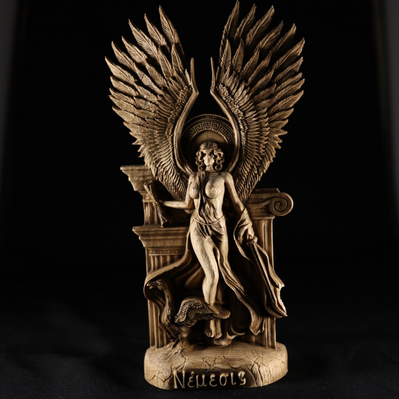 Nemesis: Handmade Wooden Statue Carving of the Greek Goddess of Vengeance