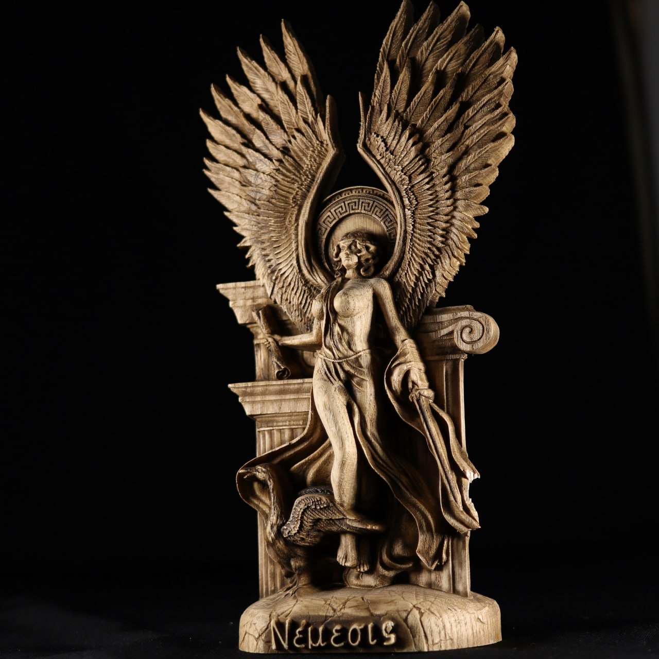 Nemesis: Handmade Wooden Statue Carving of the Greek Goddess of Vengeance