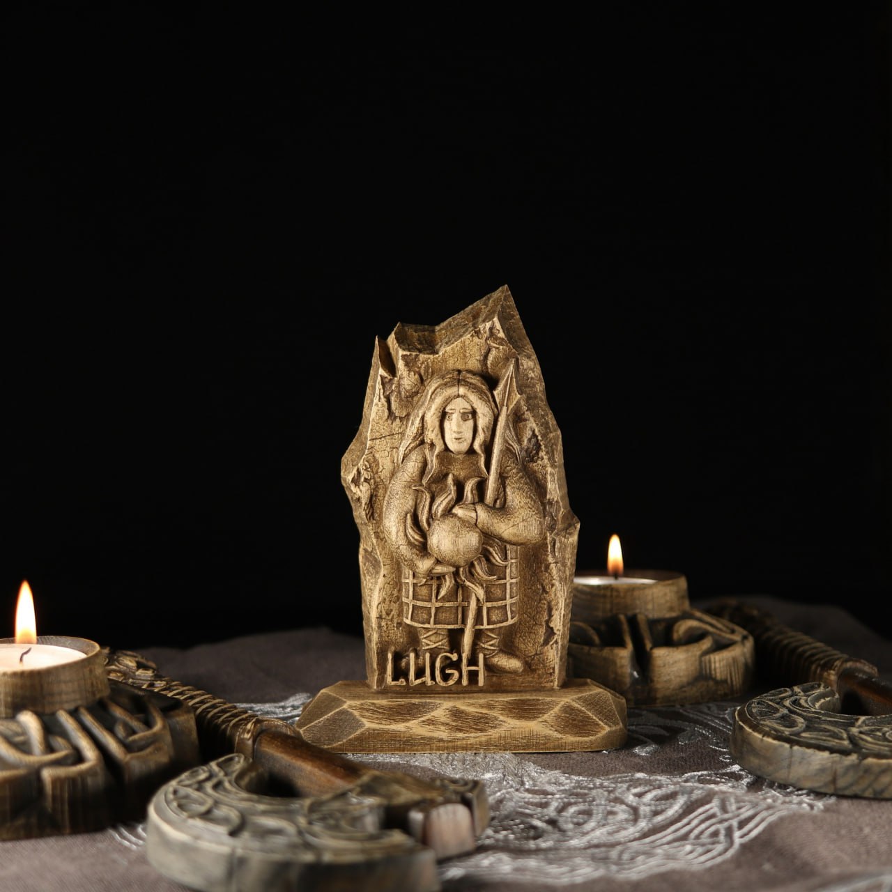 Handmade Wooden Statue Carving of Lugh, the God of Light and Crafts