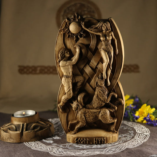 Handmade Norse Gods Hati and Skoll Wood Carving and Sculpture