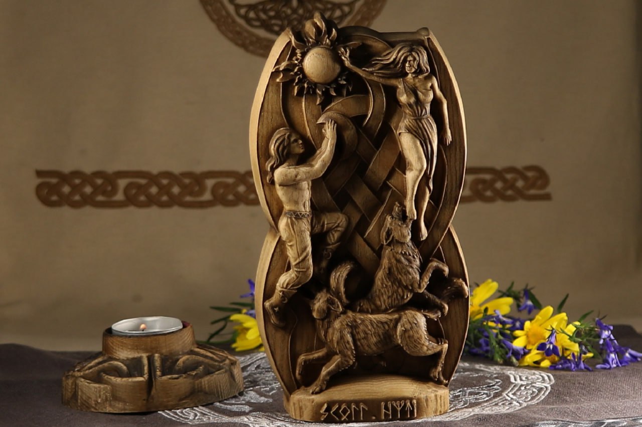 Handmade Norse Gods Hati and Skoll Wood Carving and Sculpture