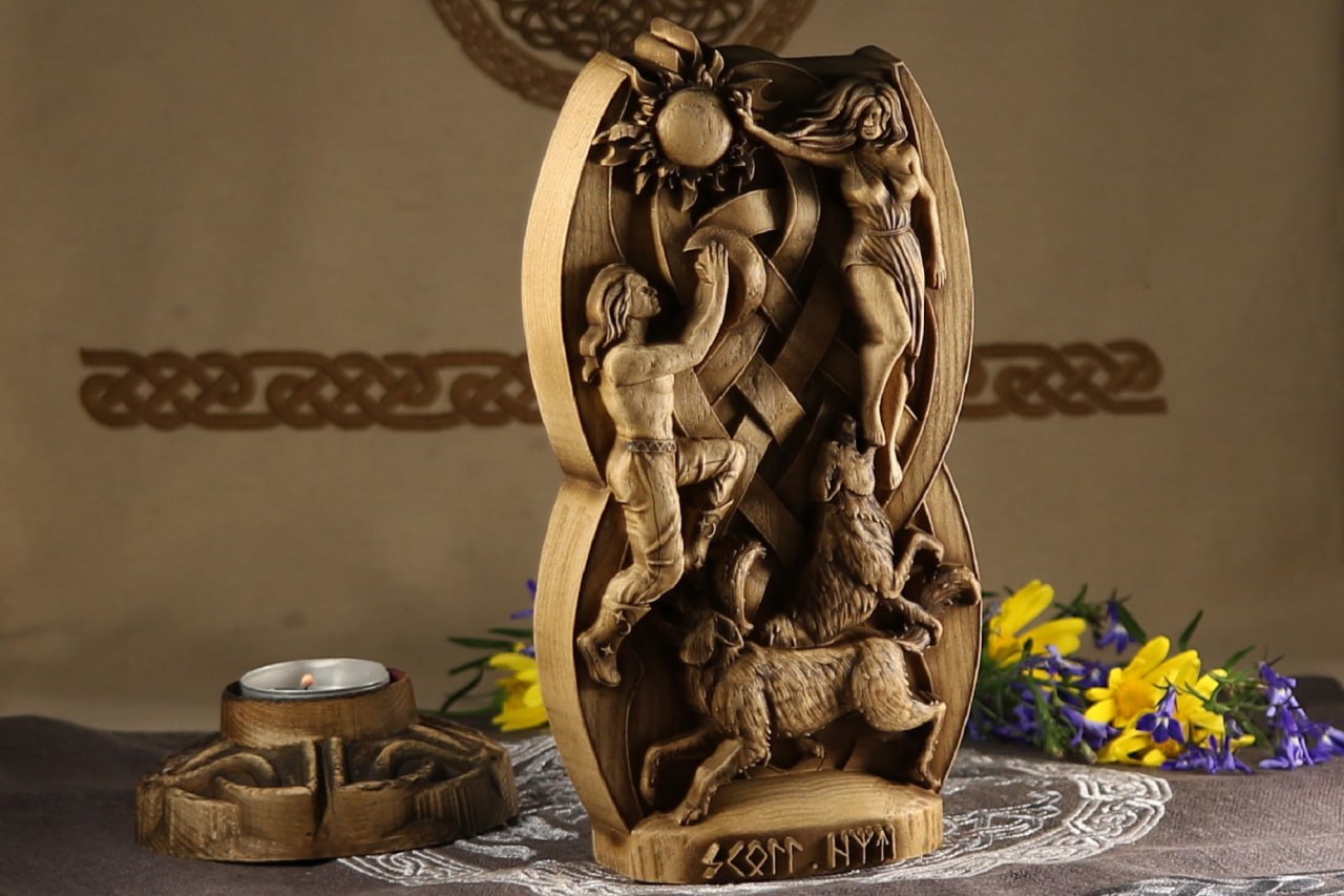 Handmade Norse Gods Hati and Skoll Wood Carving and Sculpture