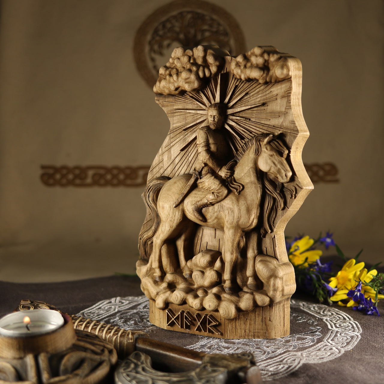A Majestic Norse Wood Carving Dagr Statue