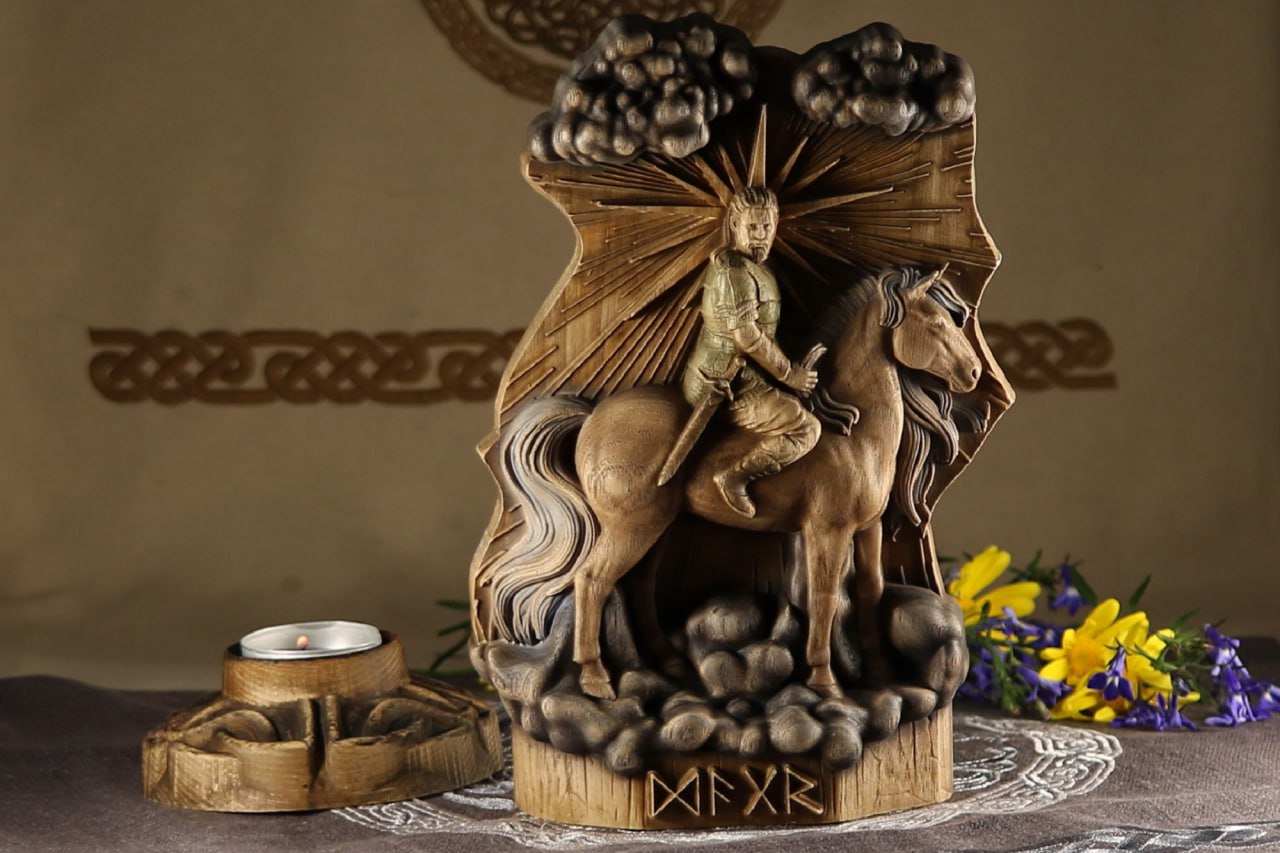 A Majestic Norse Wood Carving Dagr Statue