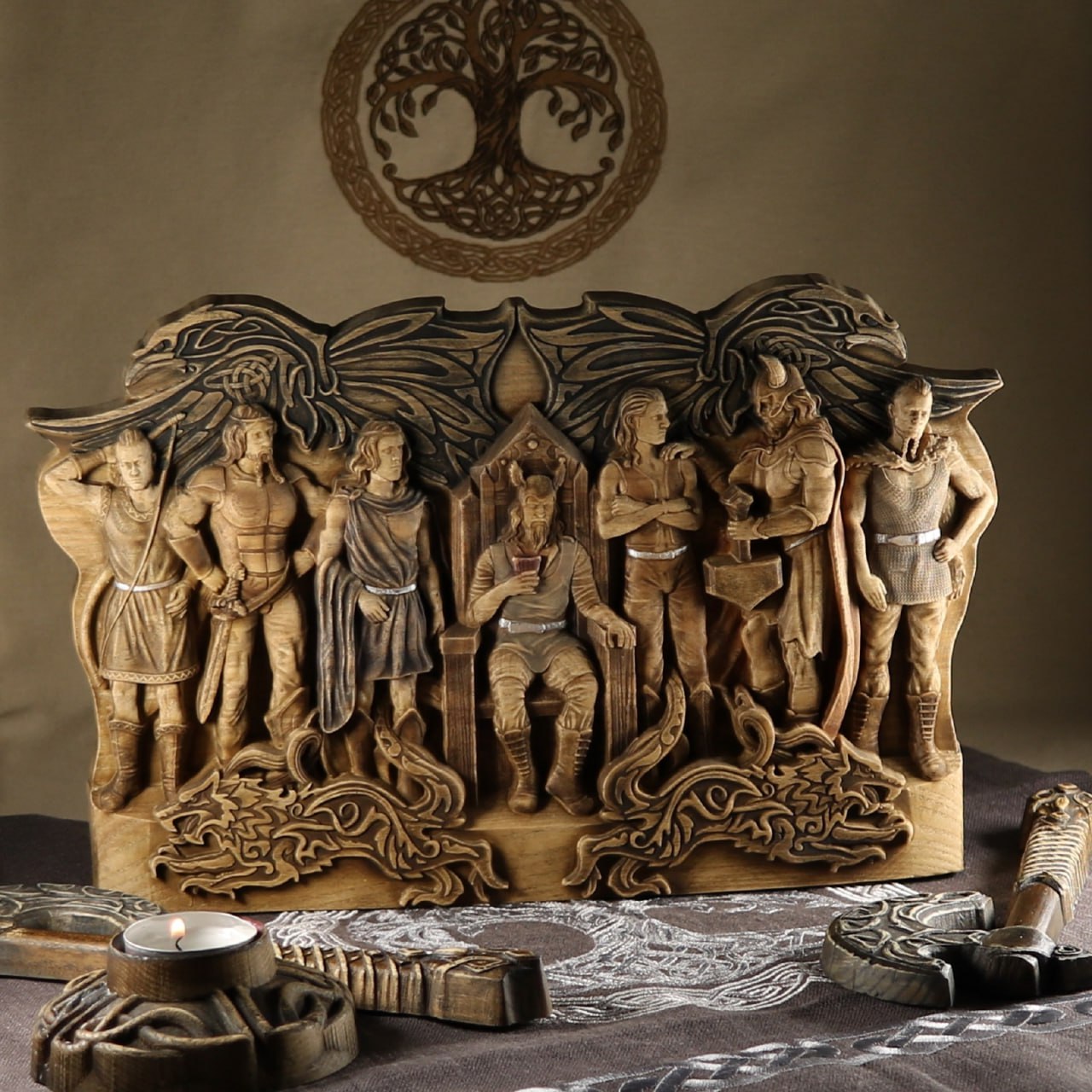 Wooden Family of Odin Statue