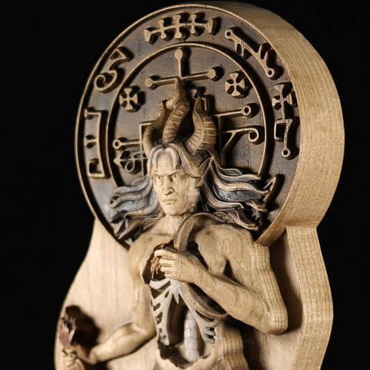 Lucifuge Rofocale Wooden Statue - Mystical Demon Artwork for Occult Enthusiasts