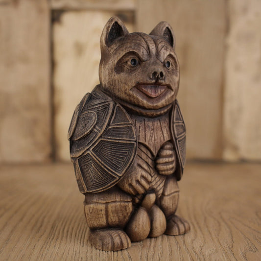 Tanuki Statue - A Charming Wooden Carved Symbol of Luck and Happiness