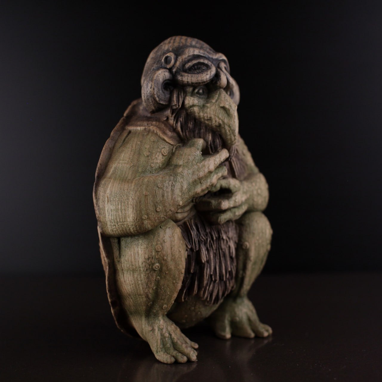 Exquisite Japanese Wooden Kappa Statue - Captivating Mythical Creature Artwork