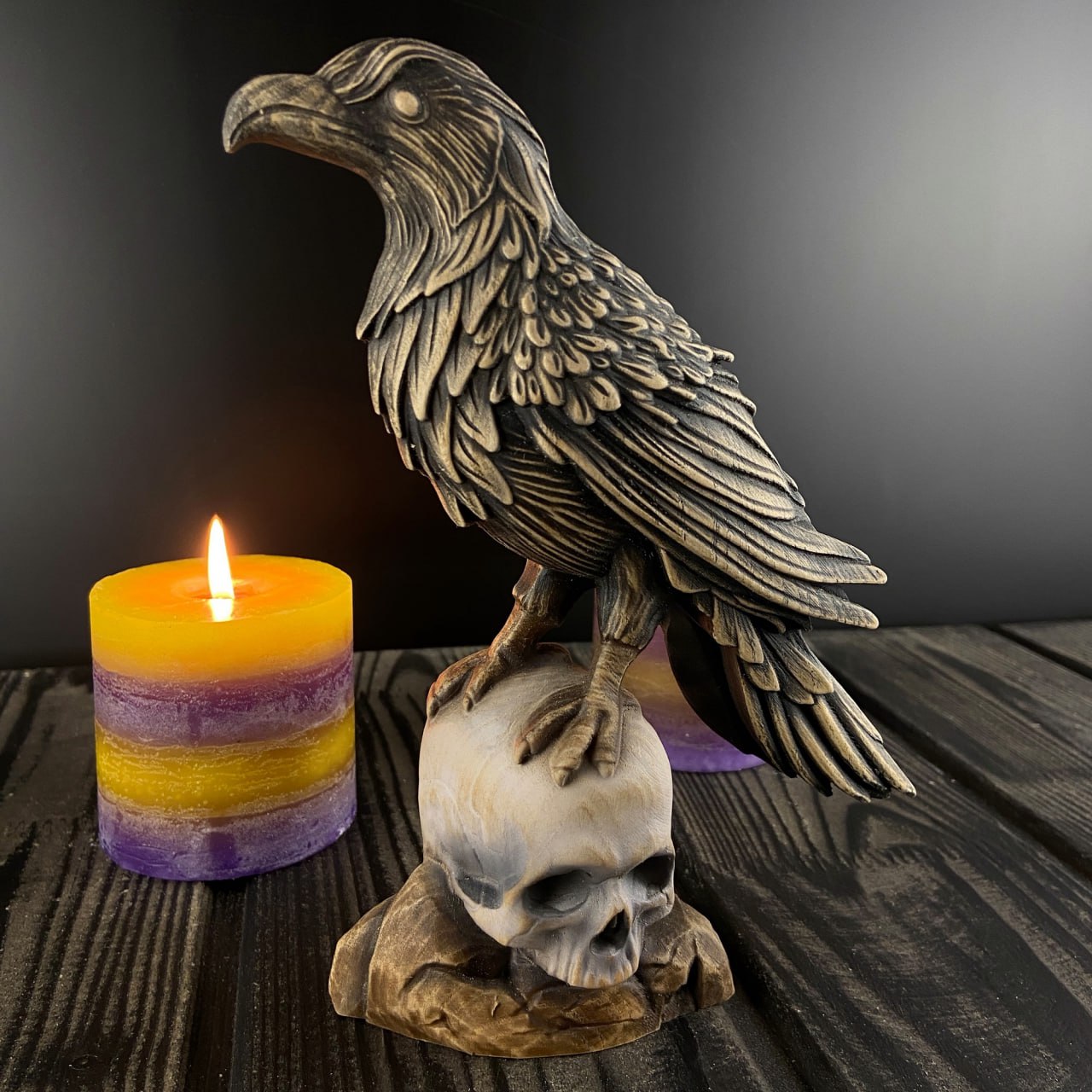 Wooden Carved Crow on Skull: Gothic Raven Statue Made from Ecological Ash Tree