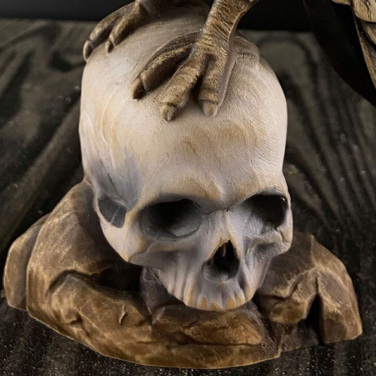 Wooden Carved Crow on Skull: Gothic Raven Statue Made from Ecological Ash Tree