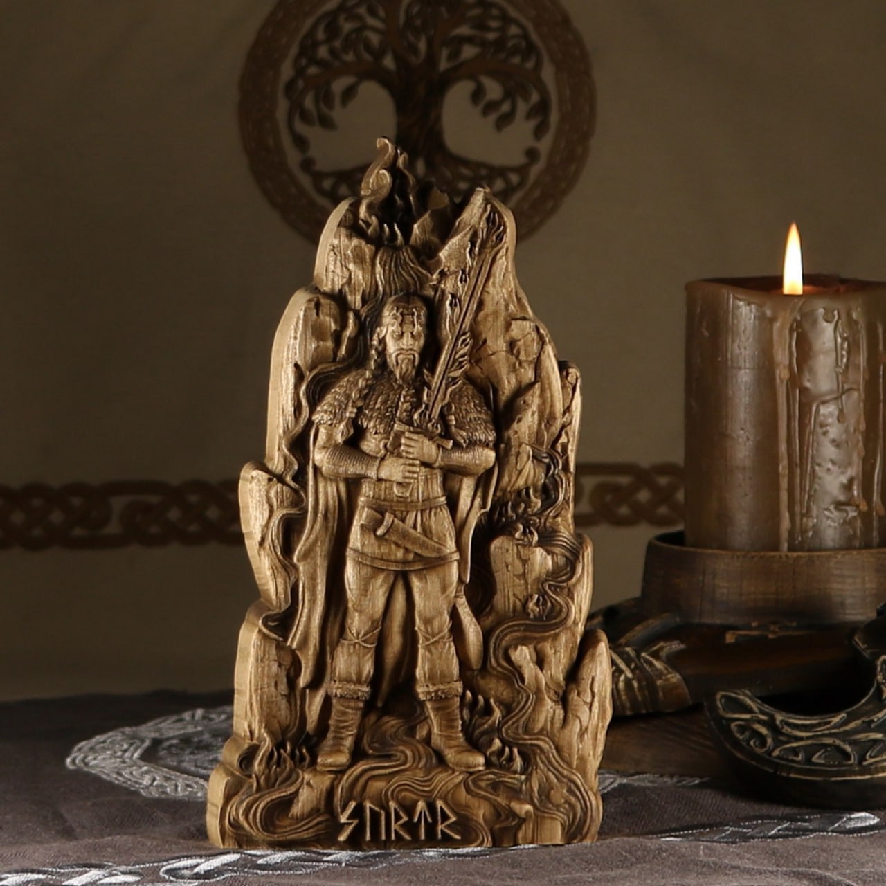Surtr, The Mighty Fire Giant: Handcrafted Wood Carved Statue from Norse Mythology