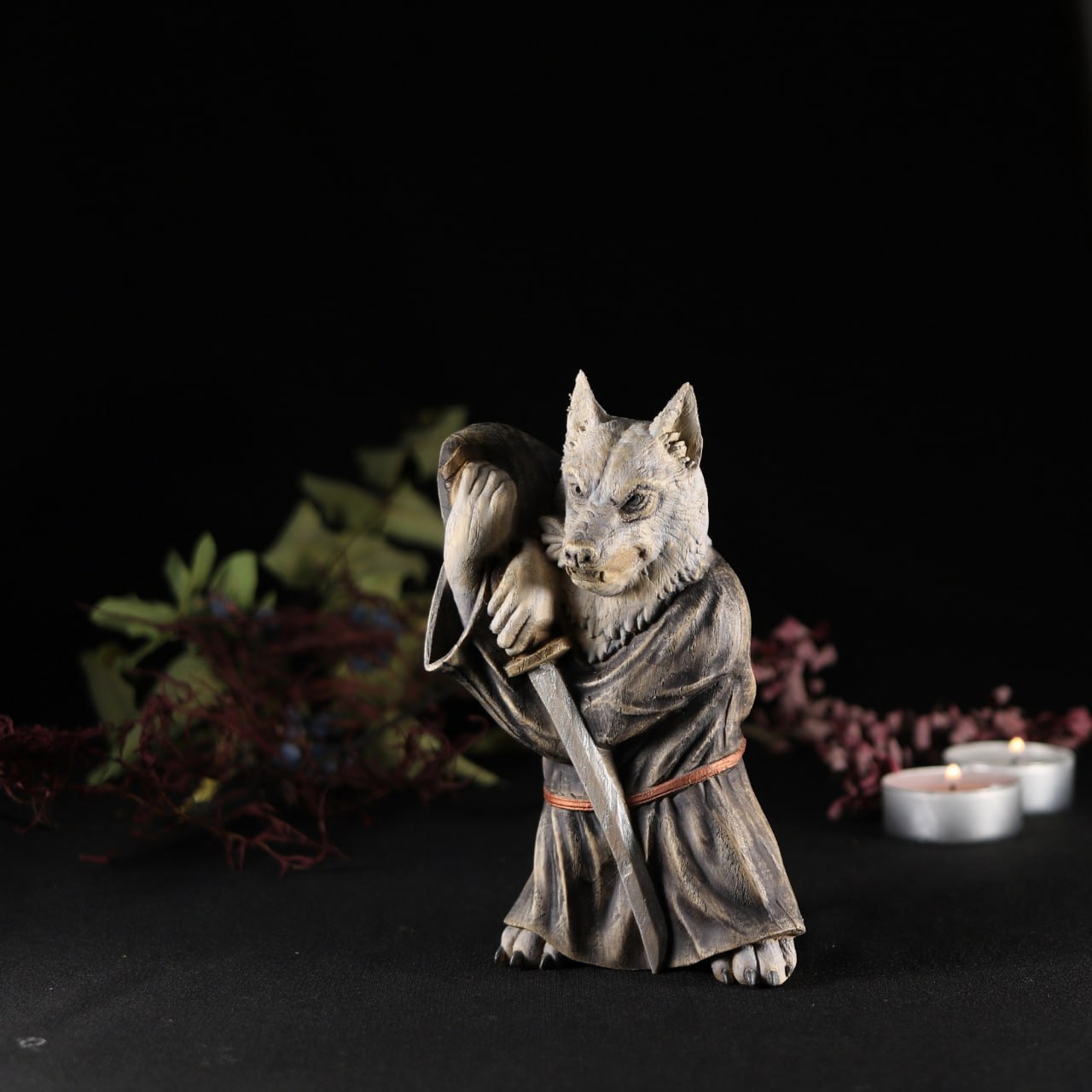 Exquisite Wood Akita Dog Samurai Sculpture