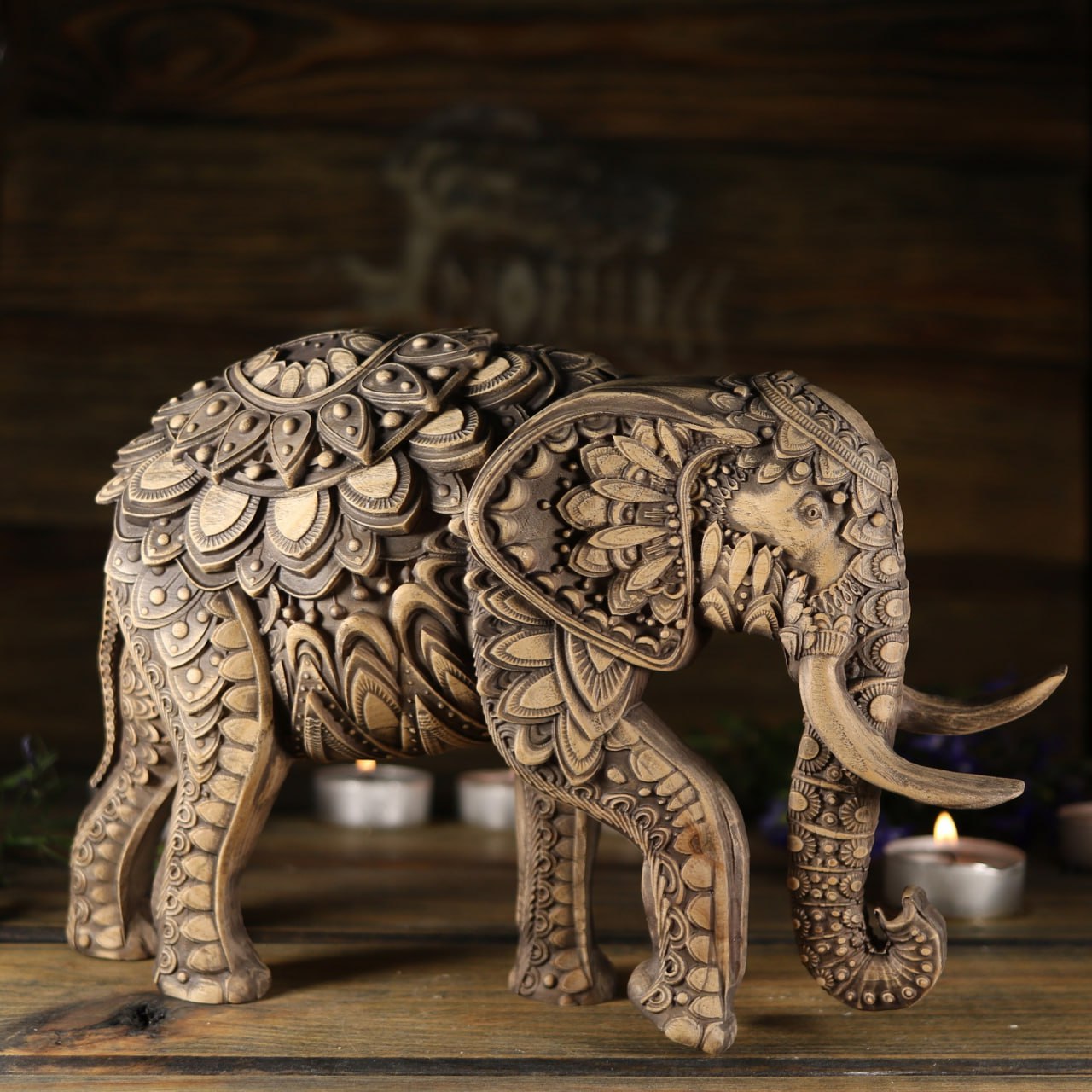 Handcrafted Wooden Elephant Statue: Symbol of Strength & Exotic Elephant Decor