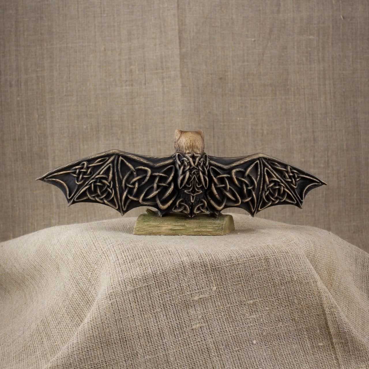 Enchanting Wooden Bat Sculpture: Capturing the Magic of Norse and Celtic Mythology