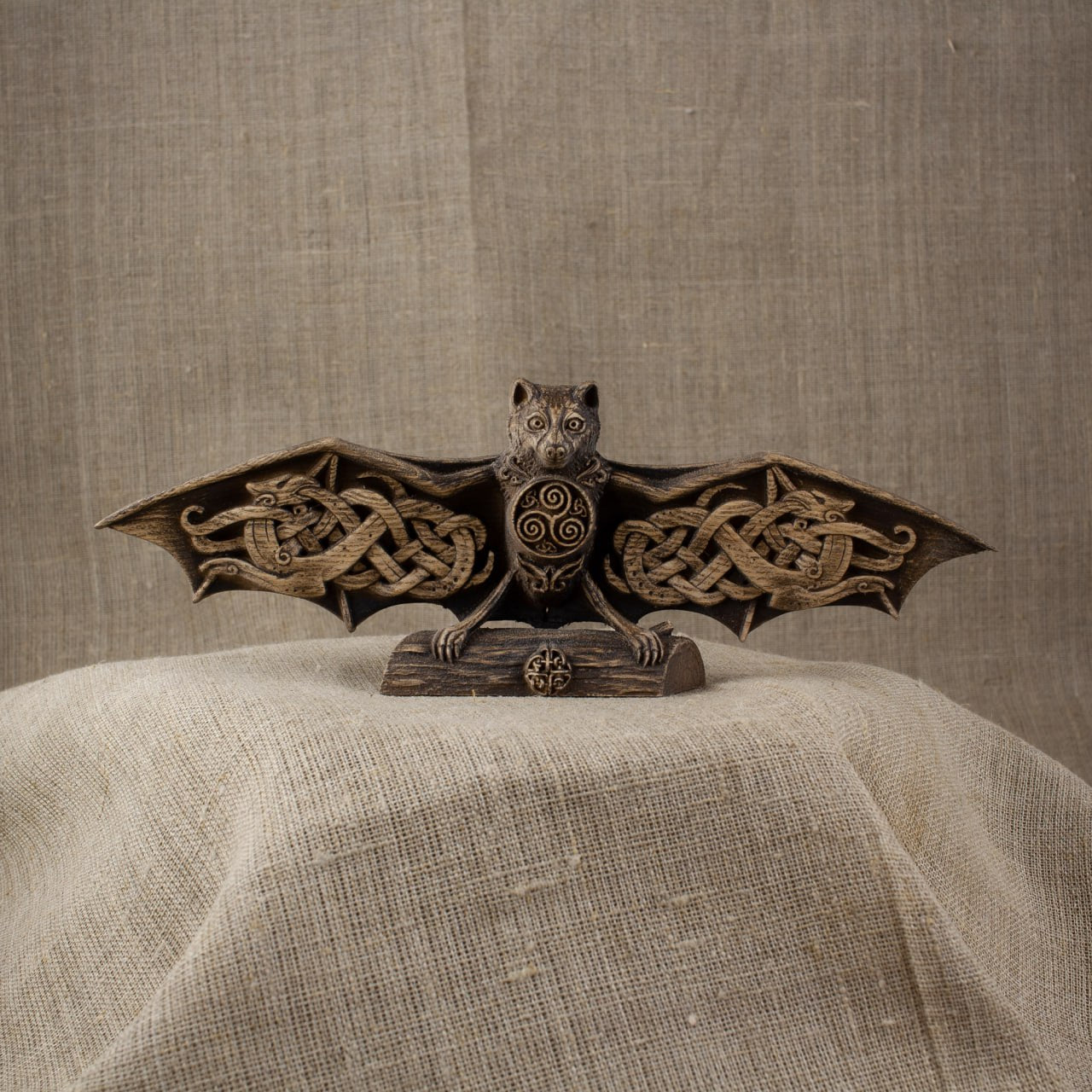 Enchanting Wooden Bat Sculpture: Capturing the Magic of Norse and Celtic Mythology