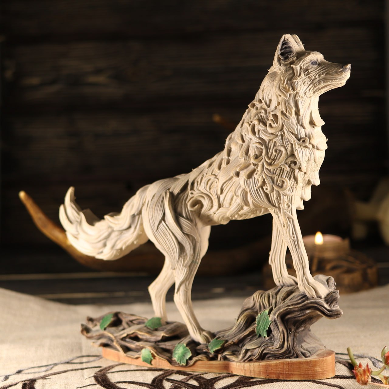 Handcrafted Wooden Wolf Statue