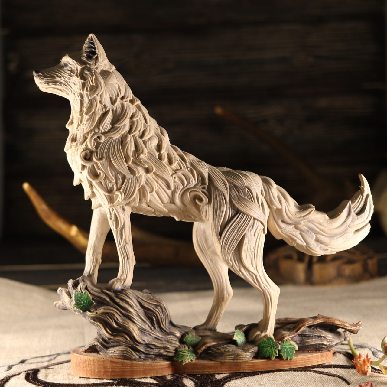 Handcrafted Wooden Wolf Statue