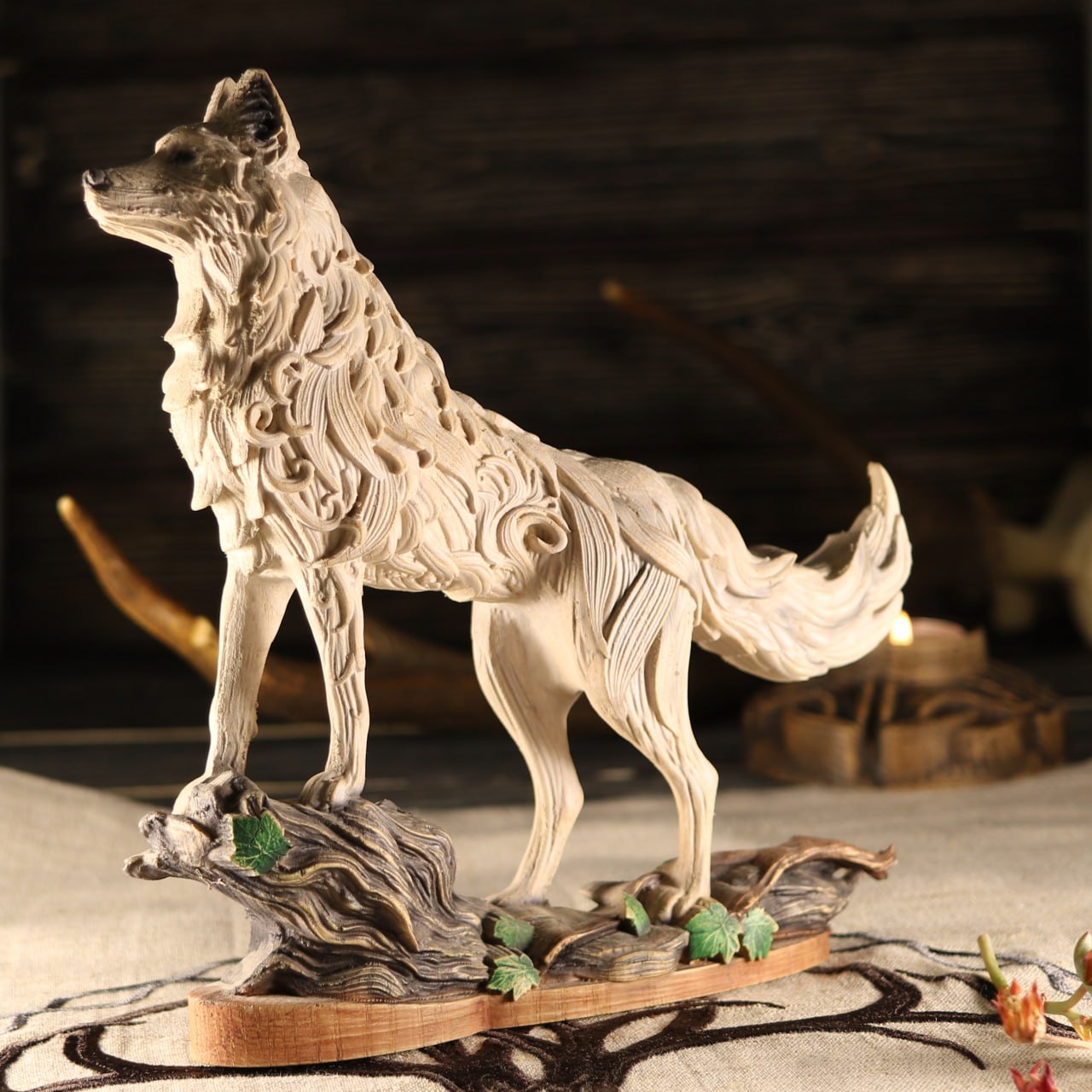 Handcrafted Wooden Wolf Statue