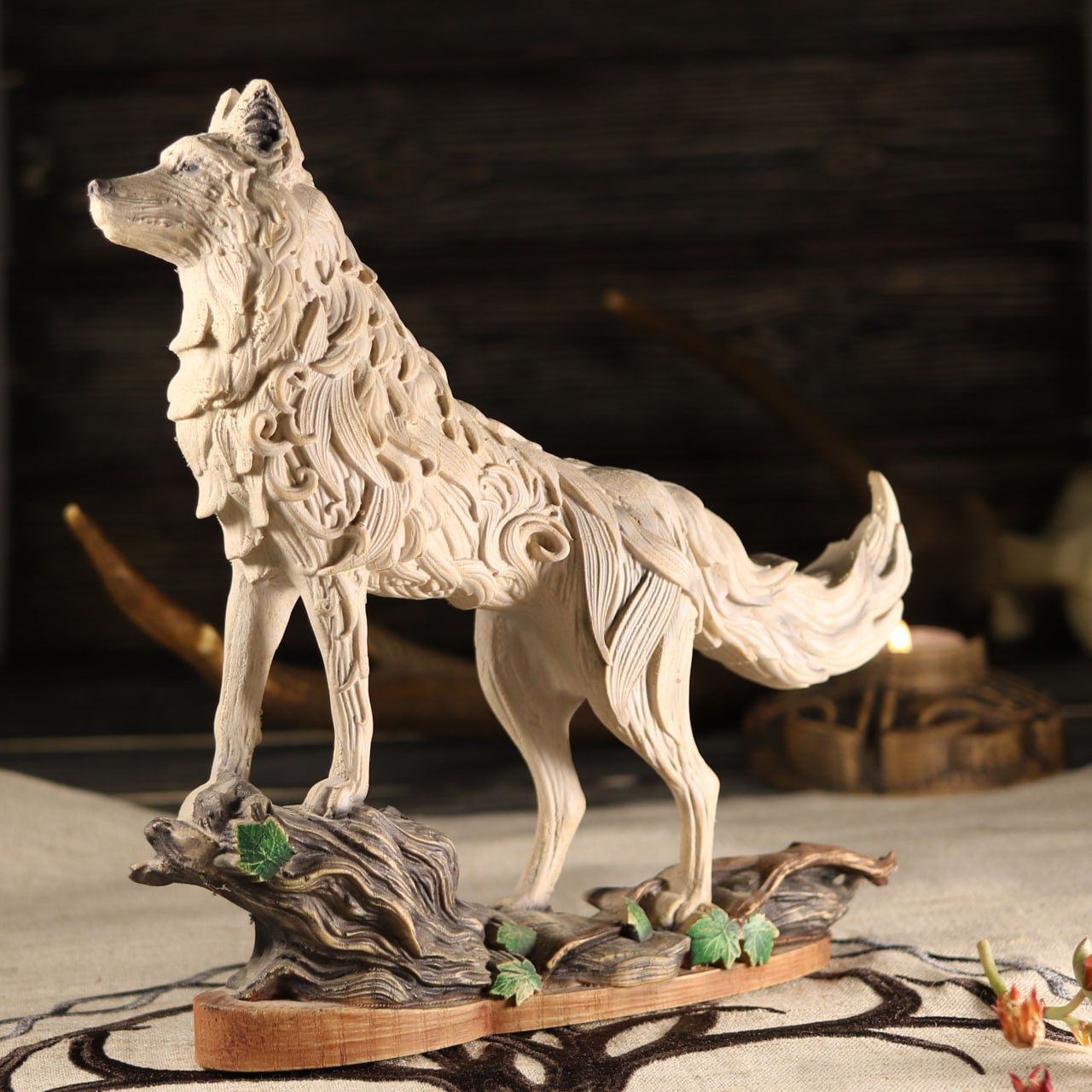 Handcrafted Wooden Wolf Statue