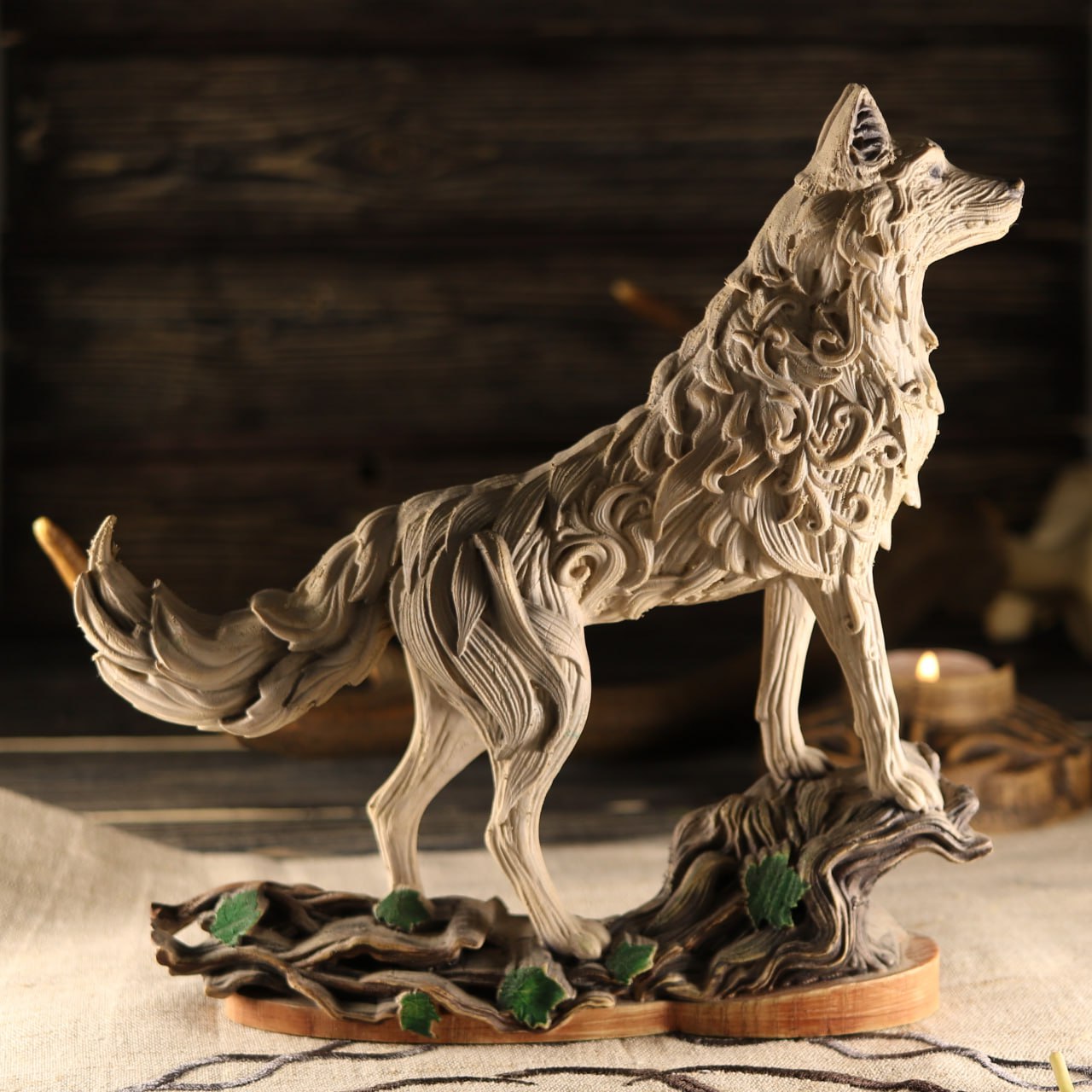 Handcrafted Wooden Wolf Statue