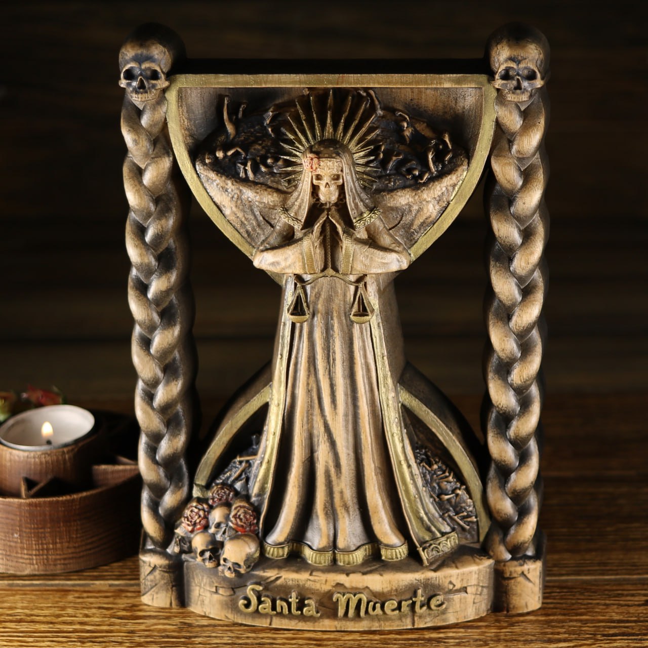 Santa Muerte, Holy death, Satanic Death wooden statue, Wood carving